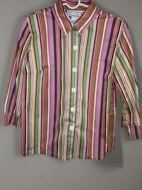 Lucia Lukken Vintage Multicolor Striped Button Blouse 3/4 Sleeve Top Boho Sz 10